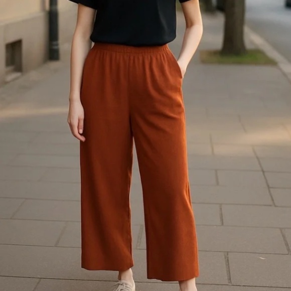 ATHLETA WOMENS ECHO WIDE LEG CROPPED ANKLE PANTS RIBBED RUST ORANGE SIZE 4 - Picture 1 of 5
